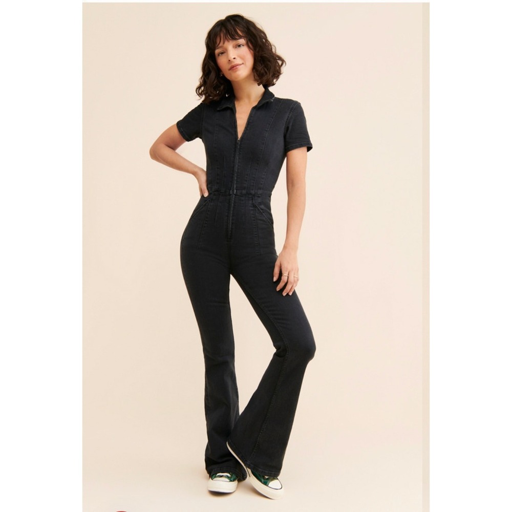 Free People We The Free Jumpsuit Small Black Denim Jayde Flare Boho Stretch Zip - Picture 11 of 11
